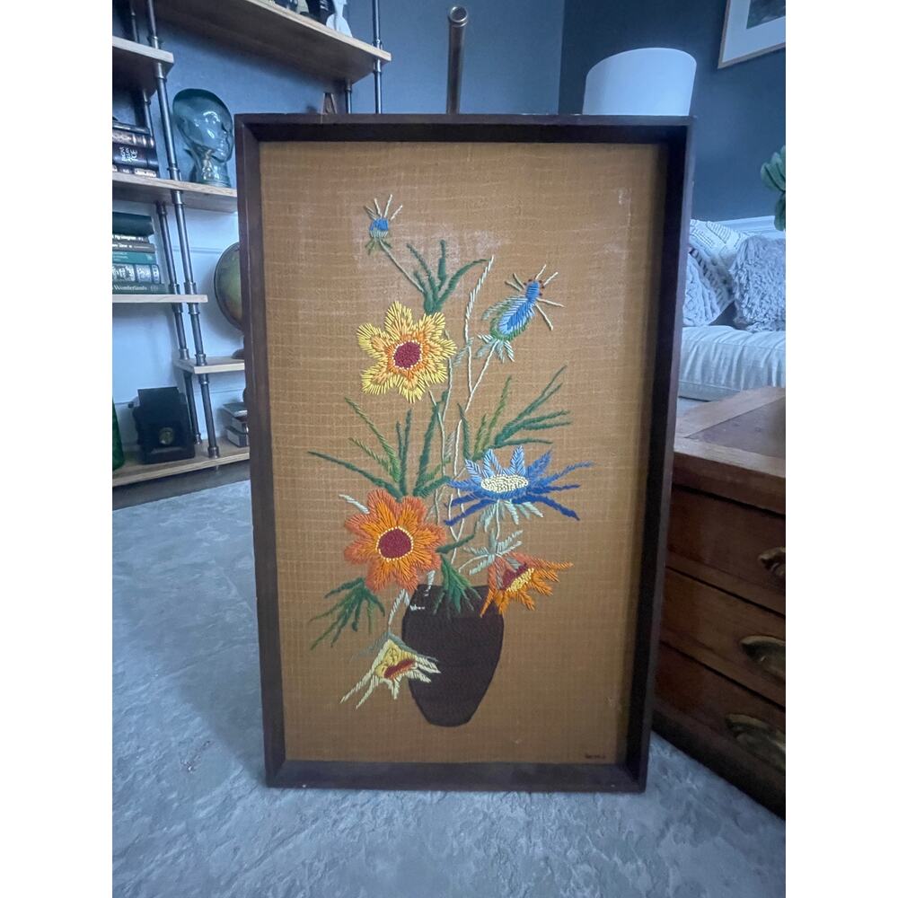 70s Flowers in Vase, Crewel, Embroidery Art, Needlecraft, Framed, ~ 250113-WH